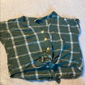 Plaid crop button up with tie